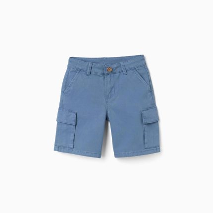 Short mi-long en sergé avec poches cargo pour garçon, bleu