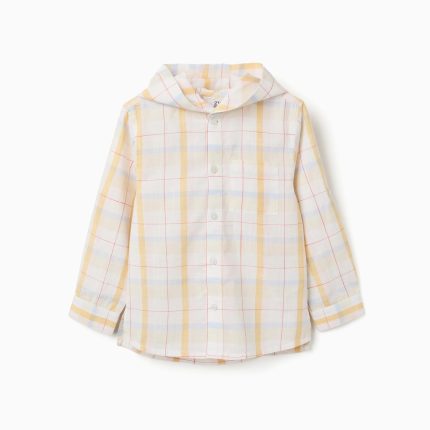 Chemise à carreaux en coton avec capuche B&S pour garçon, blanc/jaune/bleu/rouge