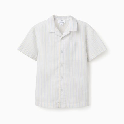 Chemise à manches courtes en coton rayé B&S pour garçon, blanc/jaune/bleu