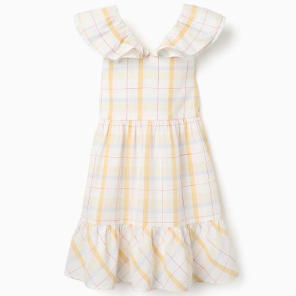 Robe en coton à carreaux et volants B&S pour filles, blanc/jaune/bleu/rouge