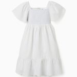 Robe en coton rayé doublée B&S pour filles, blanc/jaune/bleu