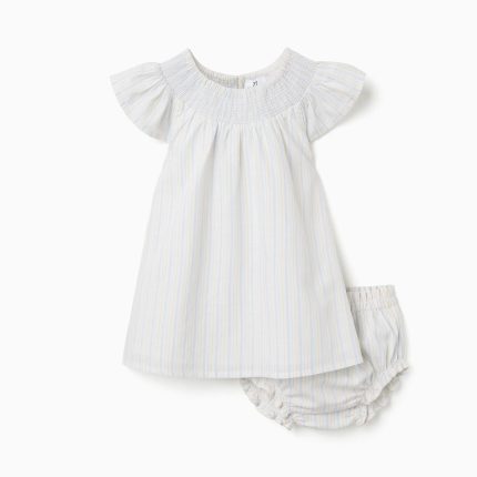 Robe et bloomer en coton rayé B&S pour bébé fille, blanc/jaune/bleu