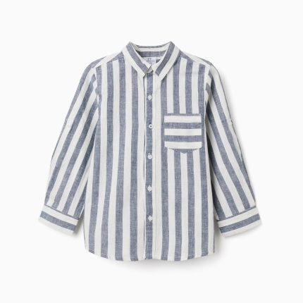 Chemise rayée en coton et lin You&Me pour garçon, blanche/bleue