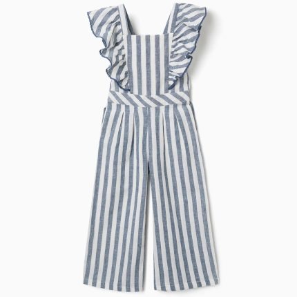 Combinaison rayée en coton et lin You&Me pour filles, blanche/bleue