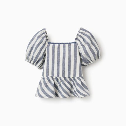 Blouse rayée en lin à volants You&Me pour filles, blanc/bleu