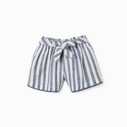 Short rayé en coton et lin avec ceinture You&Me pour filles, blanc/bleu