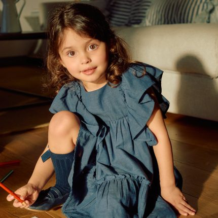 Robe en coton et lin à manches volantées You&Me pour filles, bleue