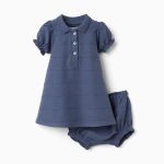 Robe en coton et bloomer à rayures en relief B&S pour nouveau-né, indigo