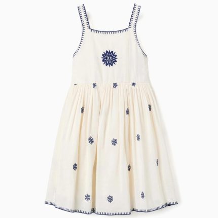 Robe sans manches en coton et lin à fleurs pour filles, beige/bleu