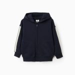 Veste à capuche en coton avec bande rayée pour garçon, bleu marine/beige/vert