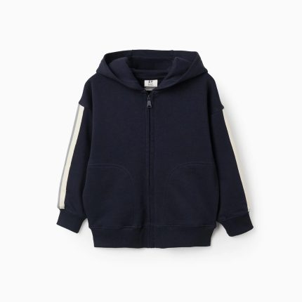 Veste à capuche en coton avec bande rayée pour garçon, bleu marine/beige/vert