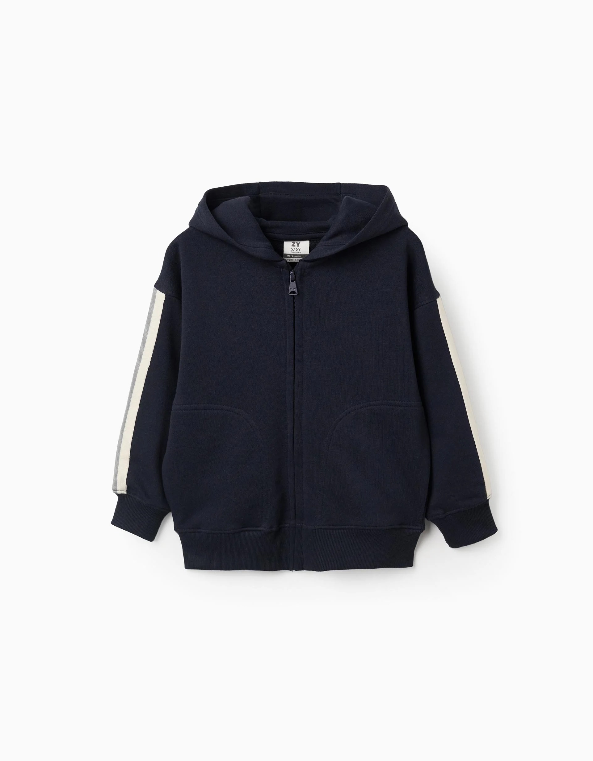 31080322006-0 Veste à capuche en coton avec bande rayée pour garçon, bleu marine/beige/vert – Image 1