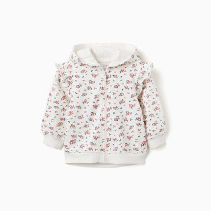 Veste polaire à capuche à motif floral pour bébé fille, blanche