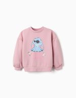 Sweat-shirt en coton rose à imprimé Stitch et épaules tombantes pour filles