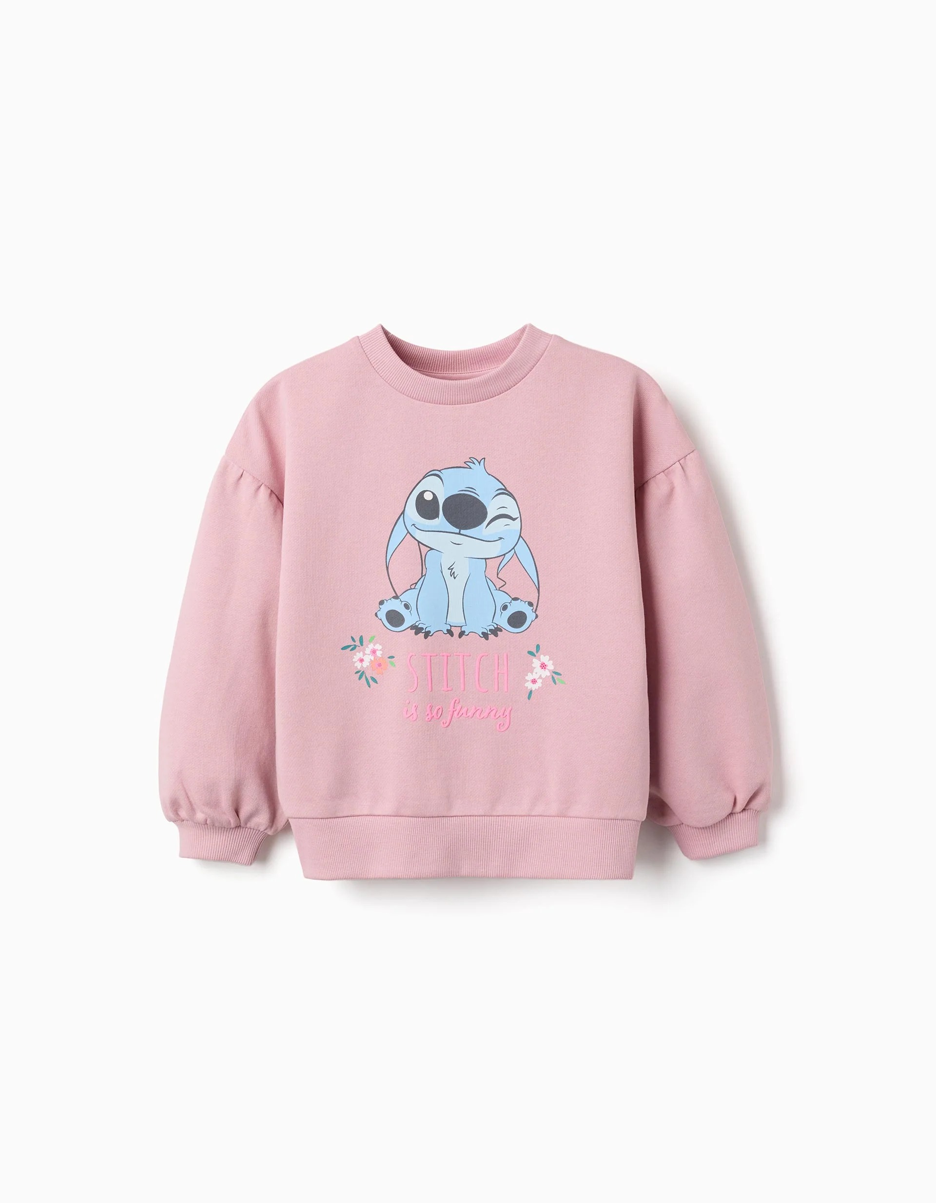 31080421030-0 Sweat-shirt en coton rose à imprimé Stitch et épaules tombantes pour filles – Image 1