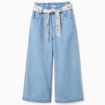 Pantalon en jean à jambes larges avec ceinture à fleurs pour filles, bleu clair