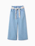 Pantalon en jean à jambes larges avec ceinture à fleurs pour filles, bleu clair