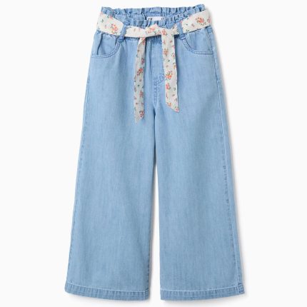 Pantalon en jean à jambes larges avec ceinture à fleurs pour filles, bleu clair