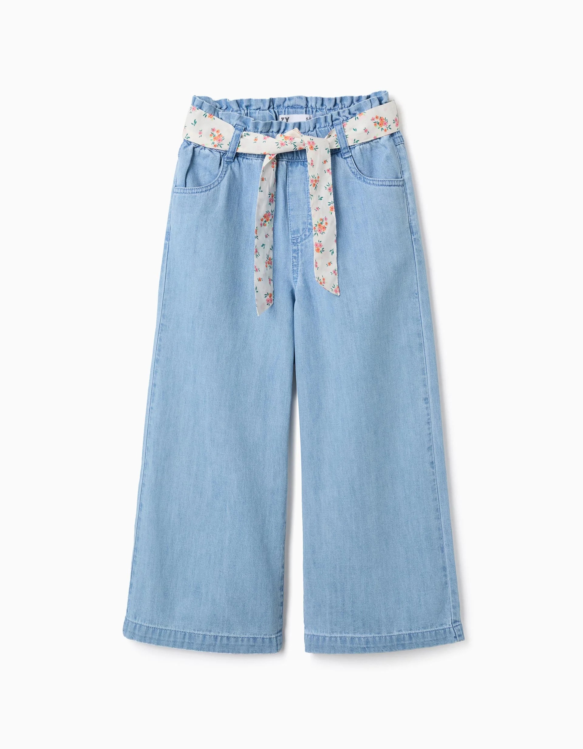 31080423003-0 Pantalon en jean à jambes larges avec ceinture à fleurs pour filles, bleu clair – Image 1