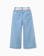 Pantalon en jean à jambes larges avec ceinture à fleurs pour filles, bleu clair – Image 2