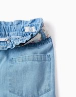 Pantalon en jean à jambes larges avec ceinture à fleurs pour filles, bleu clair – Image 3