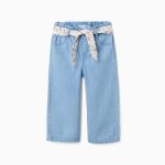 Pantalon en jean à jambes larges avec ceinture à fleurs pour bébé fille, bleu clair