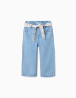Pantalon en jean à jambes larges avec ceinture à fleurs pour bébé fille, bleu clair