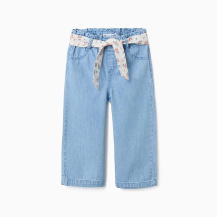 Pantalon en jean à jambes larges avec ceinture à fleurs pour bébé fille, bleu clair