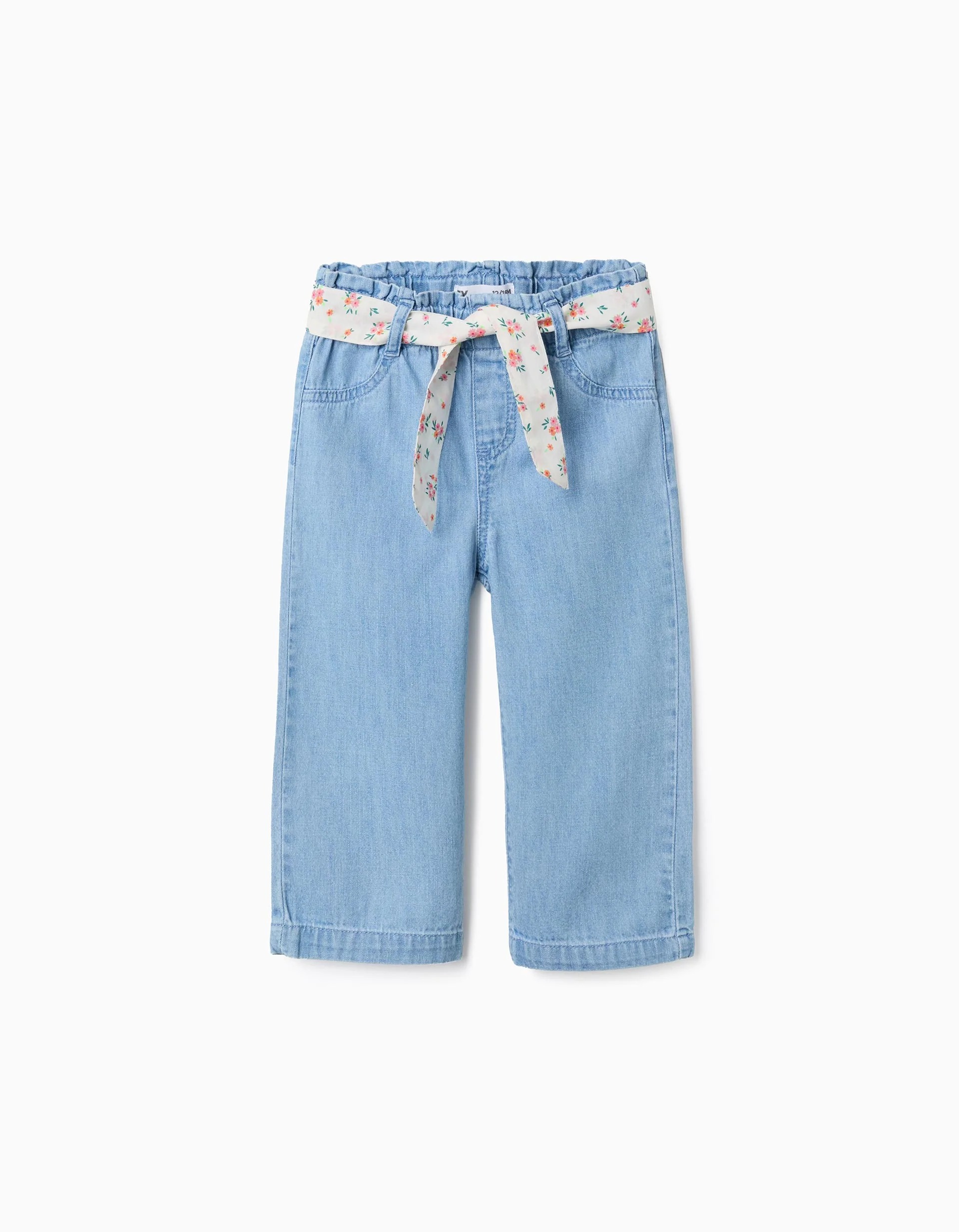 31080431003-0 Pantalon en jean à jambes larges avec ceinture à fleurs pour bébé fille, bleu clair – Image 1
