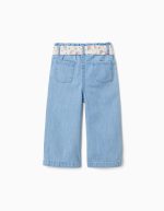 Pantalon en jean à jambes larges avec ceinture à fleurs pour bébé fille, bleu clair – Image 2