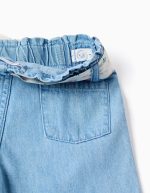 Pantalon en jean à jambes larges avec ceinture à fleurs pour bébé fille, bleu clair – Image 3