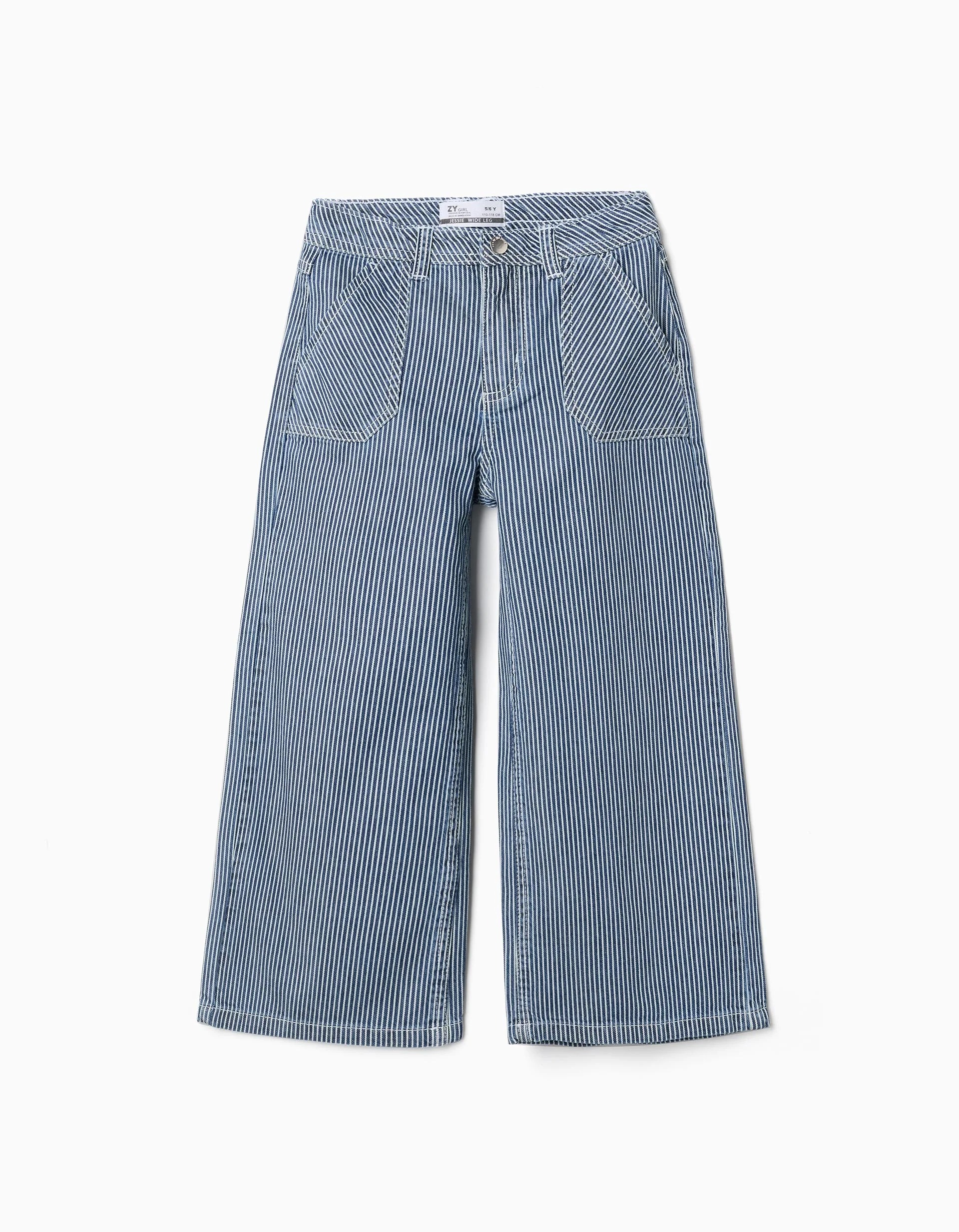 31081004003-0 Jean à jambes larges rayé pour filles, bleu et blanc – Image 1