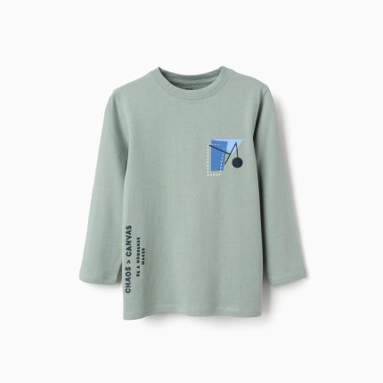 T-shirt à manches longues en coton vert clair avec imprimé de formes pour garçon