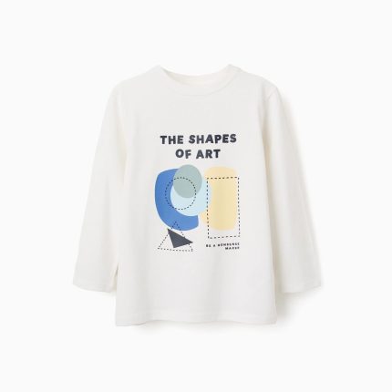 T-shirt à manches longues en coton blanc avec imprimé de formes pour garçon