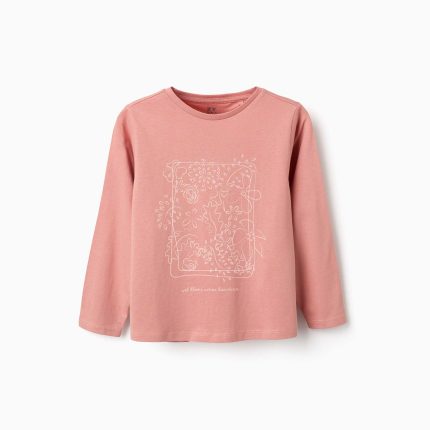 T-shirt à manches longues en coton rose, imprimé Art et Nature, pour filles