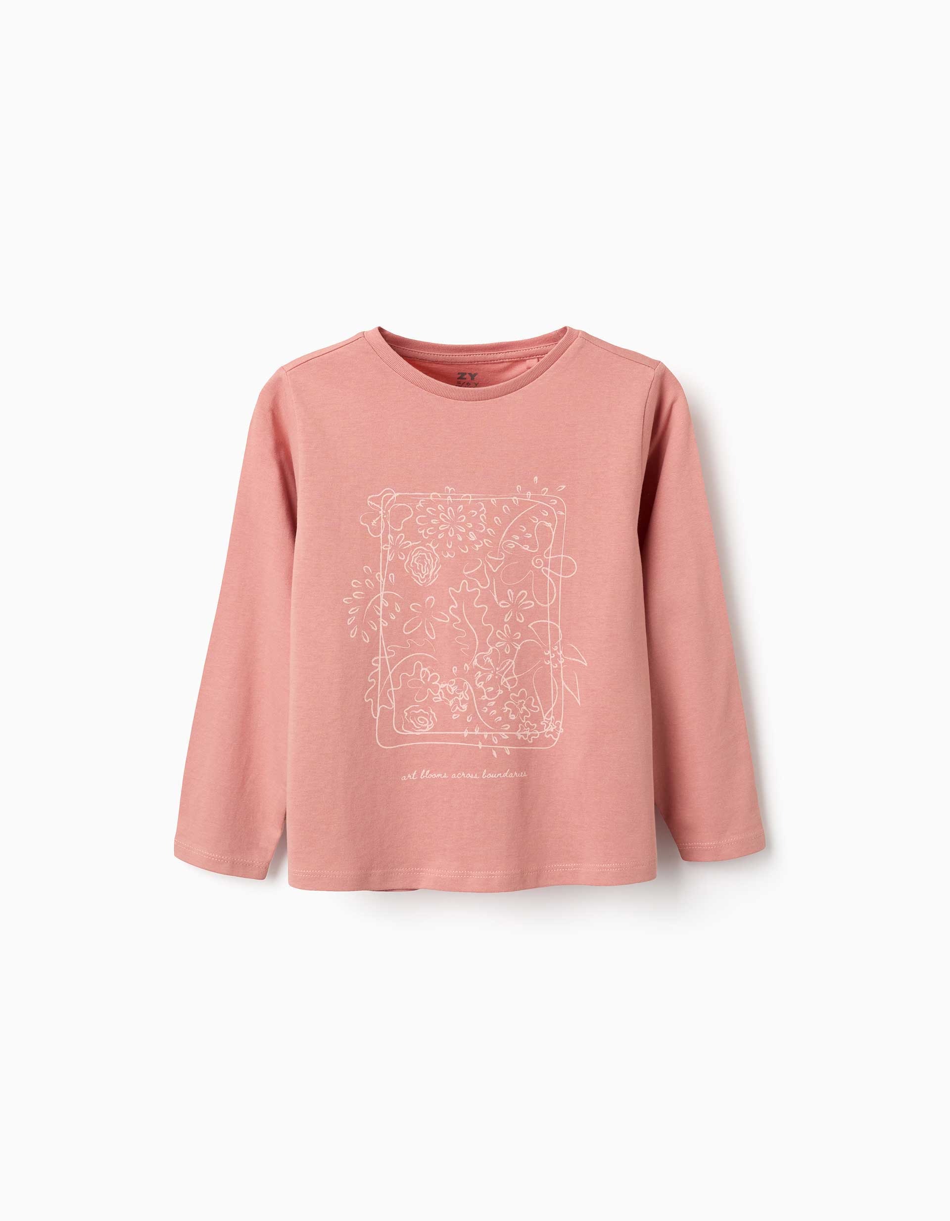 31081064038-0 T-shirt à manches longues en coton rose, imprimé Art et Nature, pour filles – Image 1