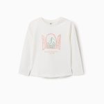 T-shirt à manches longues en coton blanc pour filles, imprimé Art et Nature.