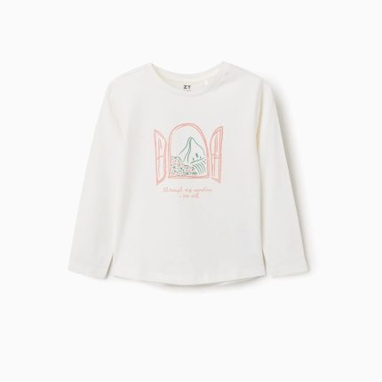 T-shirt à manches longues en coton blanc pour filles, imprimé Art et Nature.