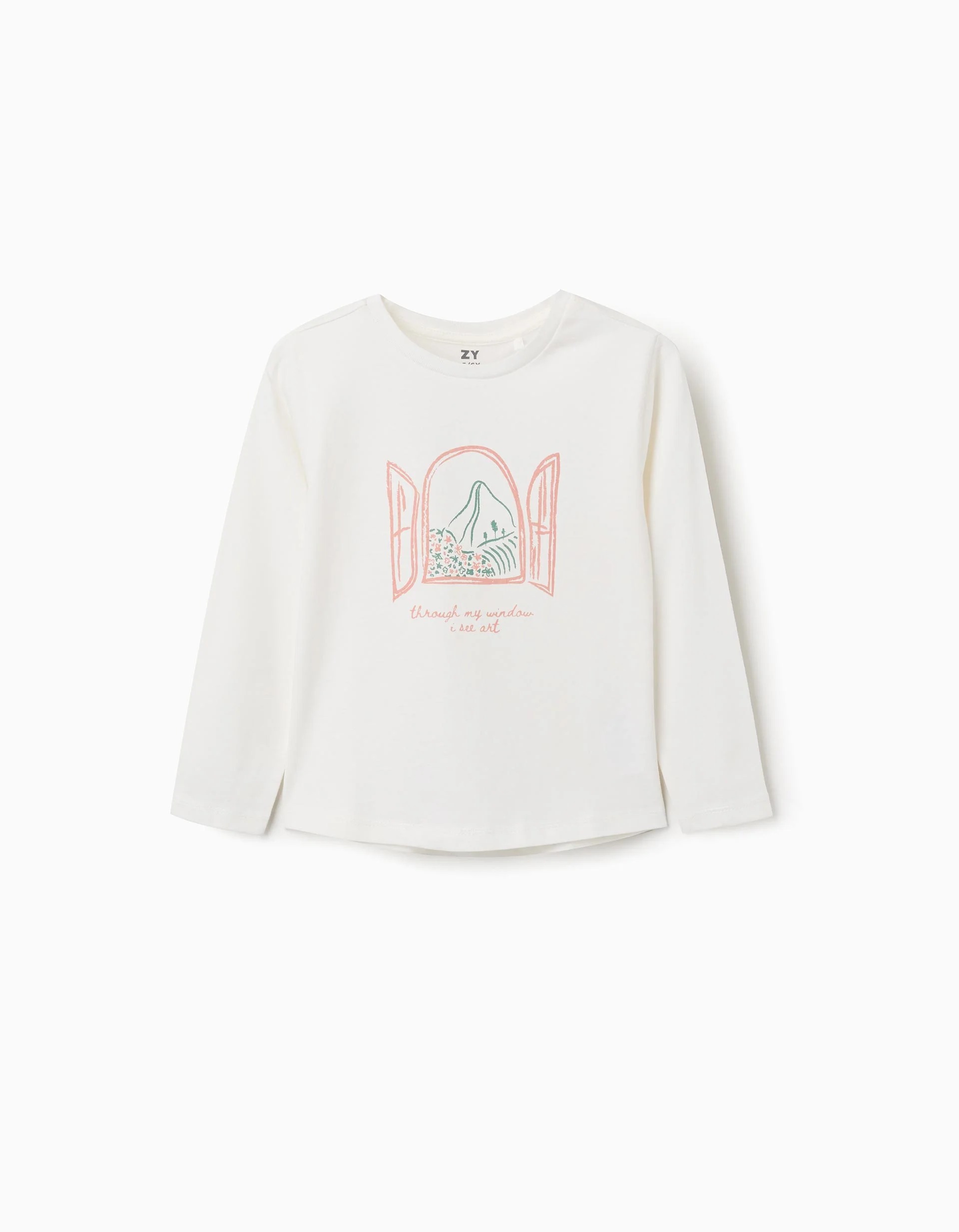 31081064041-0 T-shirt à manches longues en coton blanc pour filles, imprimé Art et Nature. – Image 1