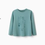 T-shirt à manches longues en coton avec imprimé Art et Nature pour filles, bleu-vert
