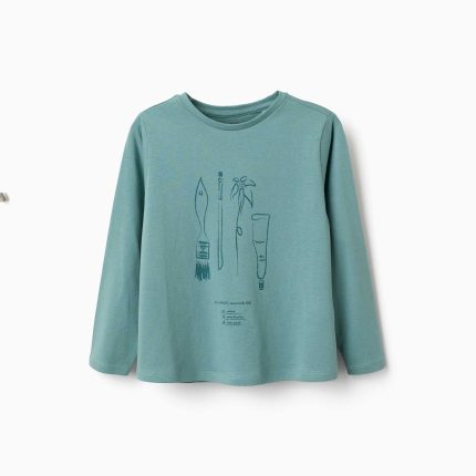 T-shirt à manches longues en coton avec imprimé Art et Nature pour filles, bleu-vert