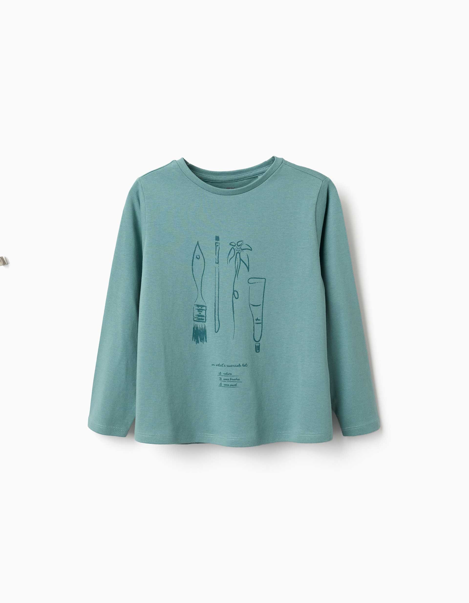 31081064766-0 T-shirt à manches longues en coton avec imprimé Art et Nature pour filles, bleu-vert – Image 1