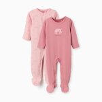 Lot de 2 grenouillères en coton à motifs pour nouveau-nés et bébés filles, rose