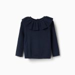 Pull en maille à bords festonnés pour bébé fille, bleu marine