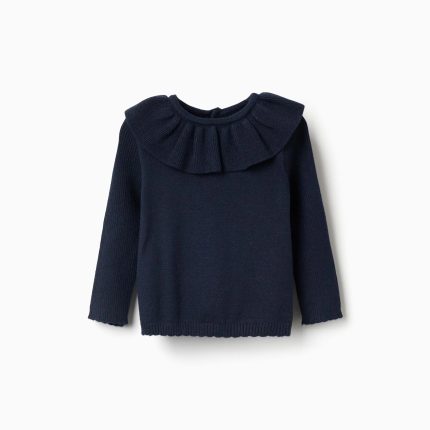 Pull en maille à bords festonnés pour bébé fille, bleu marine