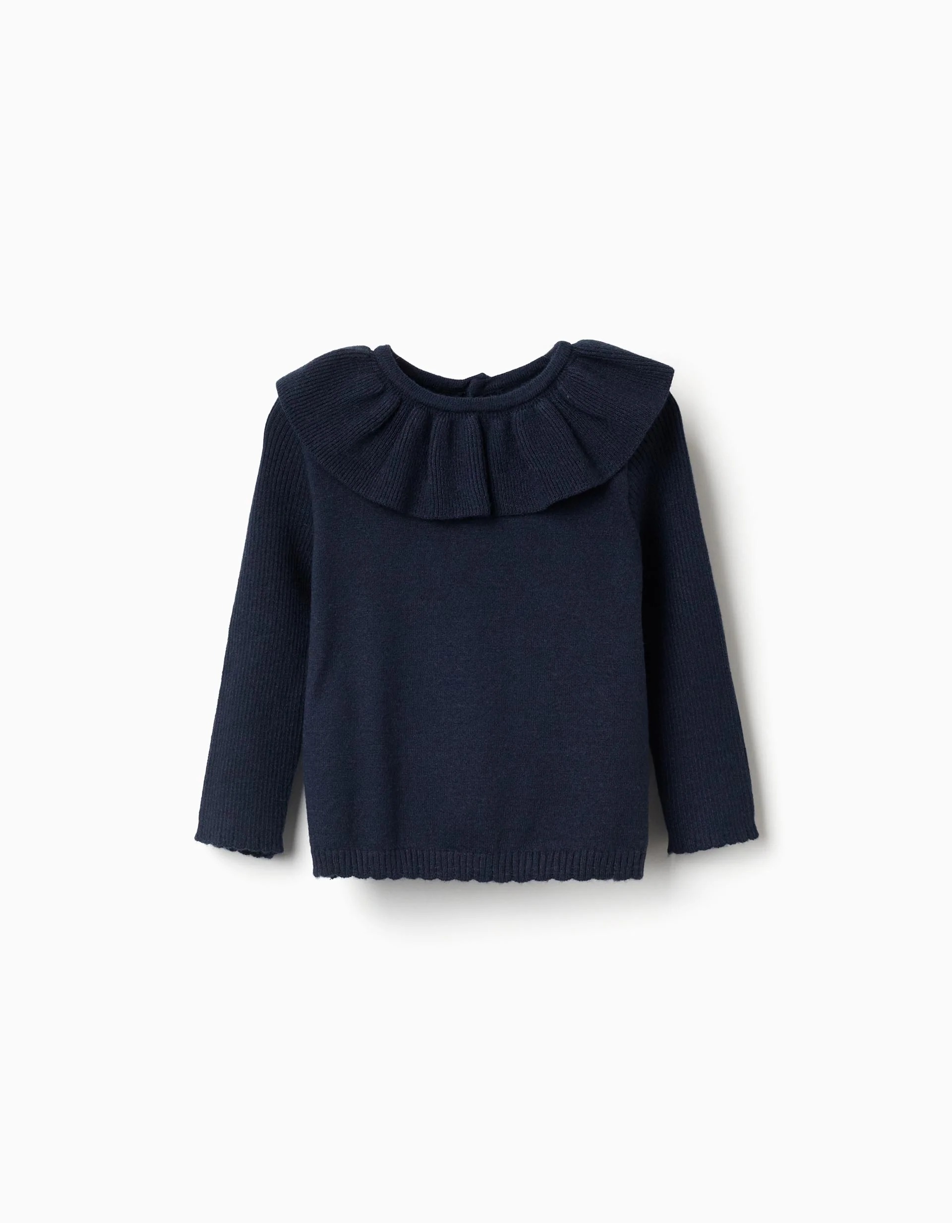 31081130006-0 Pull en maille à bords festonnés pour bébé fille, bleu marine – Image 1