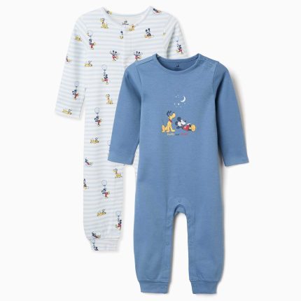 Deux pyjamas en coton à motifs Mickey pour nouveau-nés et bébés garçons, bleu et blanc.