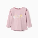 T-shirt en coton à manches longues avec des cœurs pour bébés filles, lilas