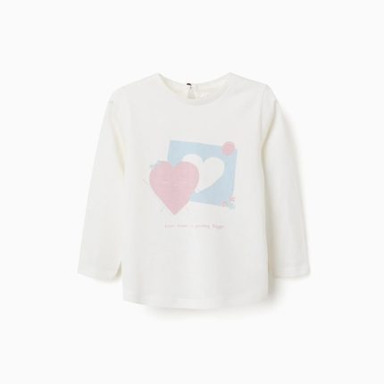 T-shirt en coton à manches longues avec des cœurs pour bébés filles, blanc