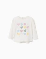 T-shirt à manches longues en coton blanc avec imprimé de cœurs pour bébé fille